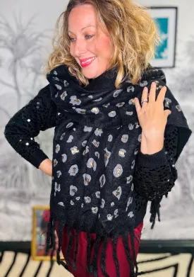 Metallic Leopard Print Tassel Scarf