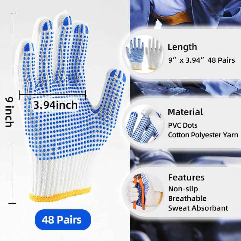 Cotton Grip Safety Work Gloves with PVC Dots 48 Pairs