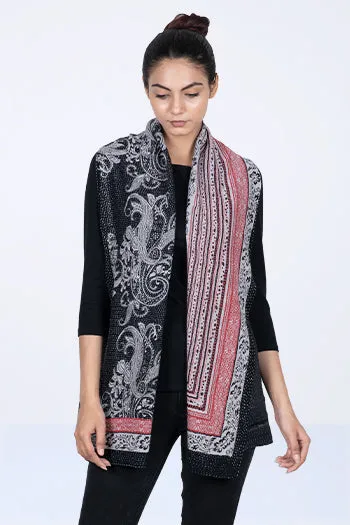 COTTON PAISLEY KANTHA SHAWL COLLAR SHORT VEST - cp2236-blk -