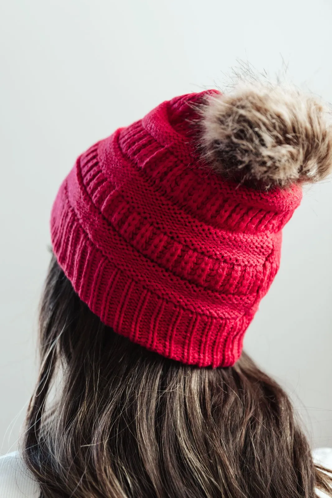 Faux Fur Pom Pom Beanie in Pink