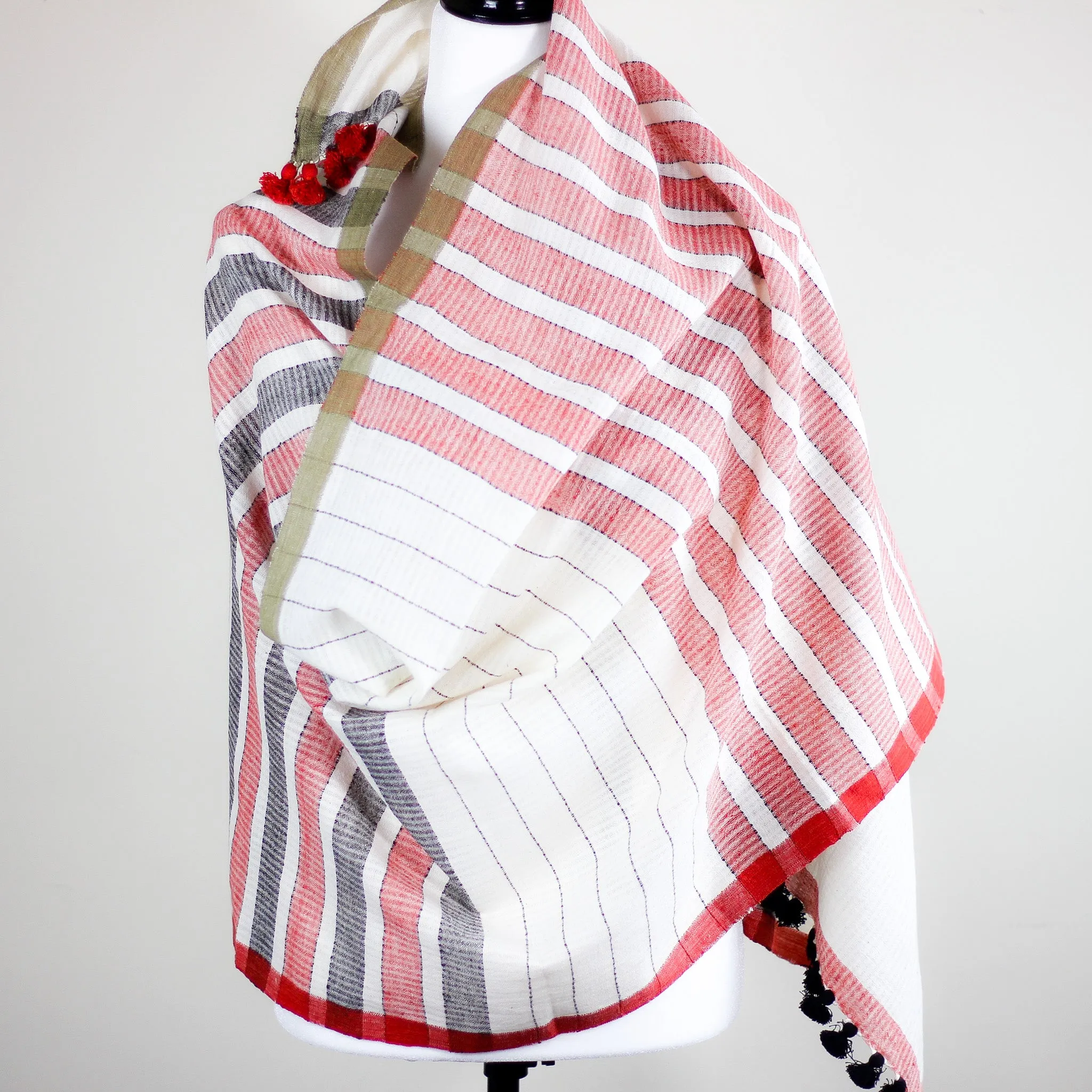 Naturally Dyed Hand Spun & Hand Woven Organic Cotton Scarf Wrap | White-Red-Gray, 26x76"