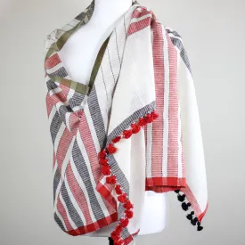 Naturally Dyed Hand Spun & Hand Woven Organic Cotton Scarf Wrap | White-Red-Gray, 26x76"