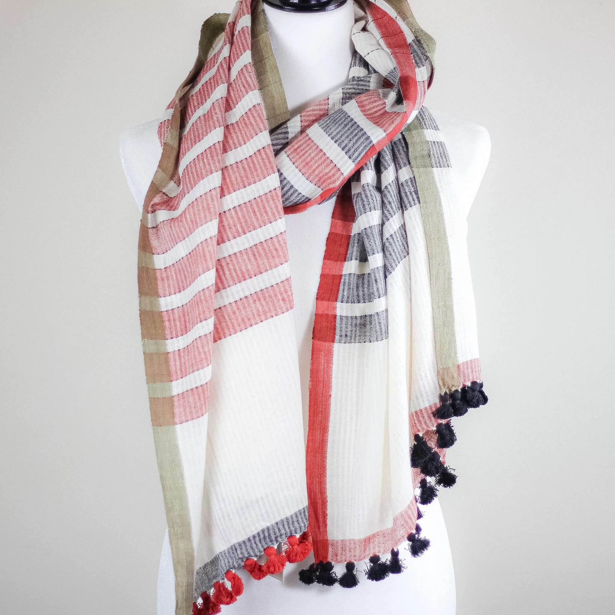 Naturally Dyed Hand Spun & Hand Woven Organic Cotton Scarf Wrap | White-Red-Gray, 26x76"