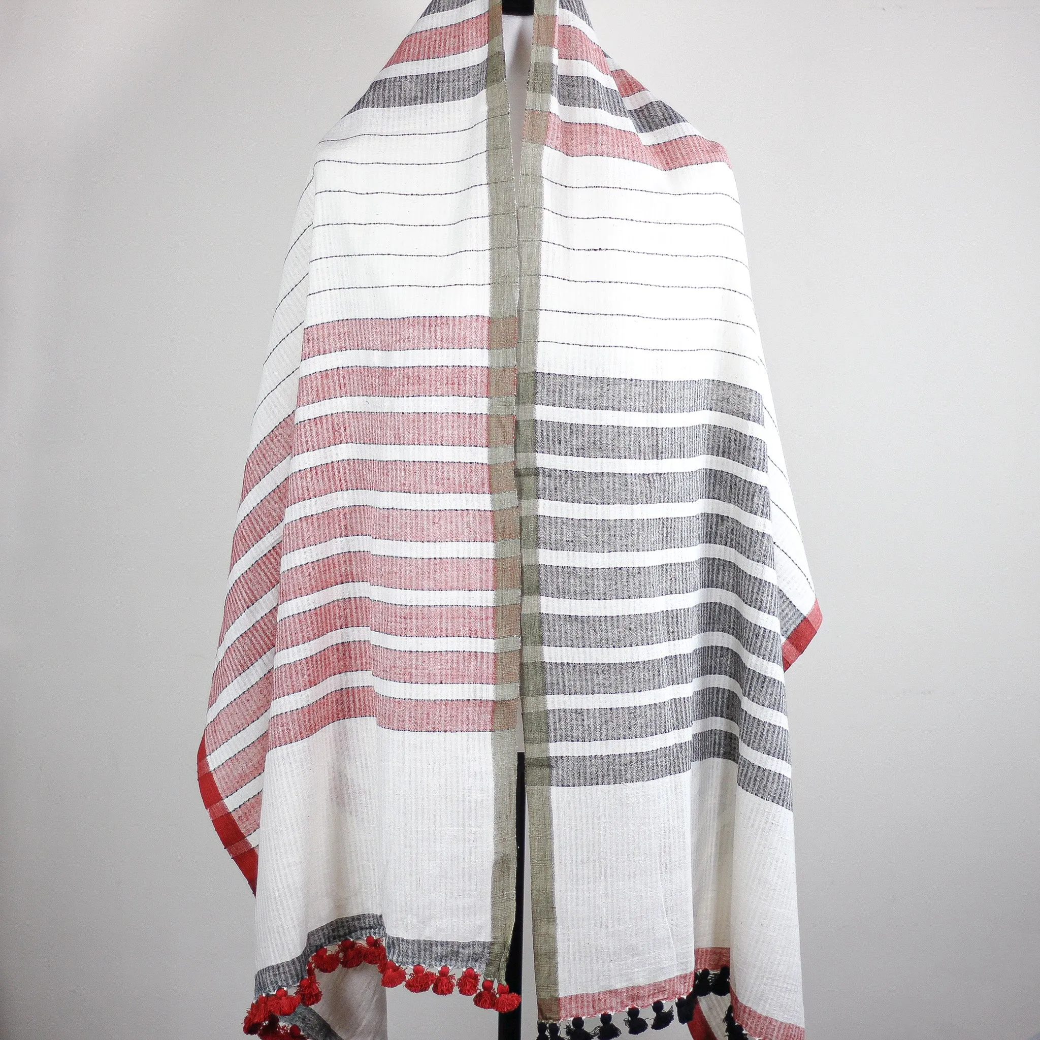 Naturally Dyed Hand Spun & Hand Woven Organic Cotton Scarf Wrap | White-Red-Gray, 26x76"