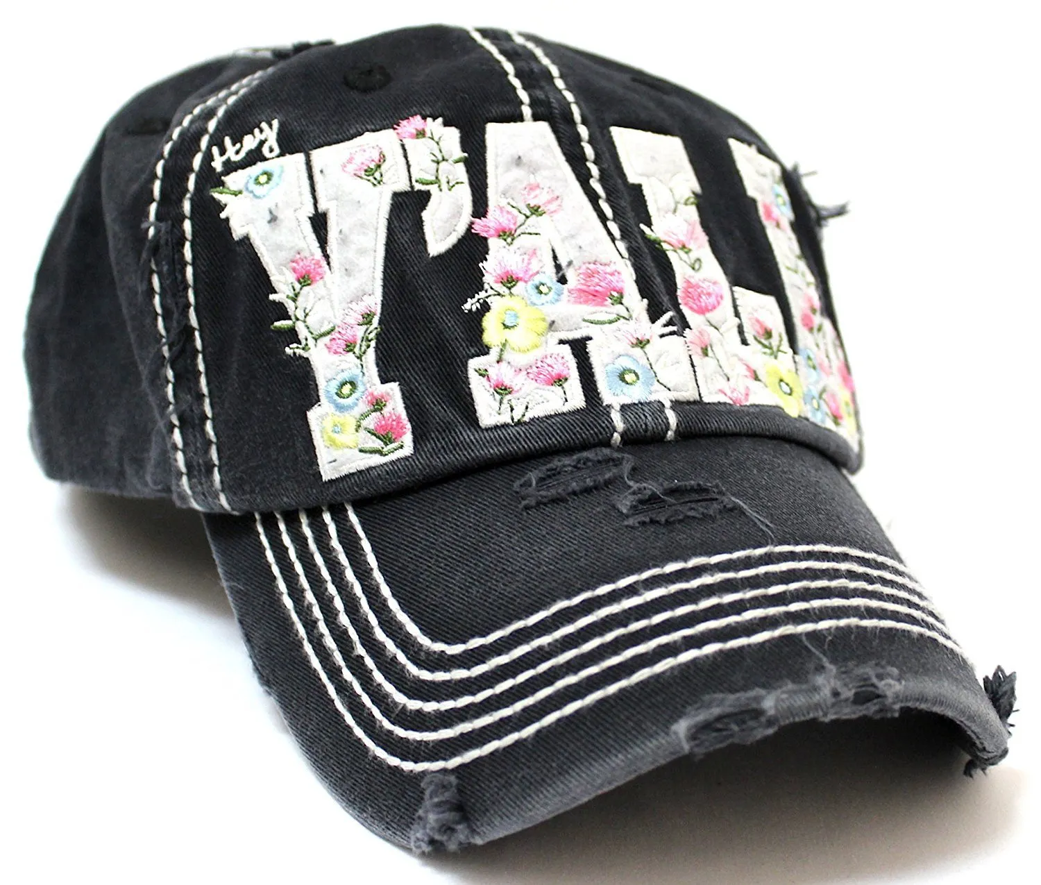 NEW! BLACK Floral "Y'all" Distressed, Adjustable Vintage Cap