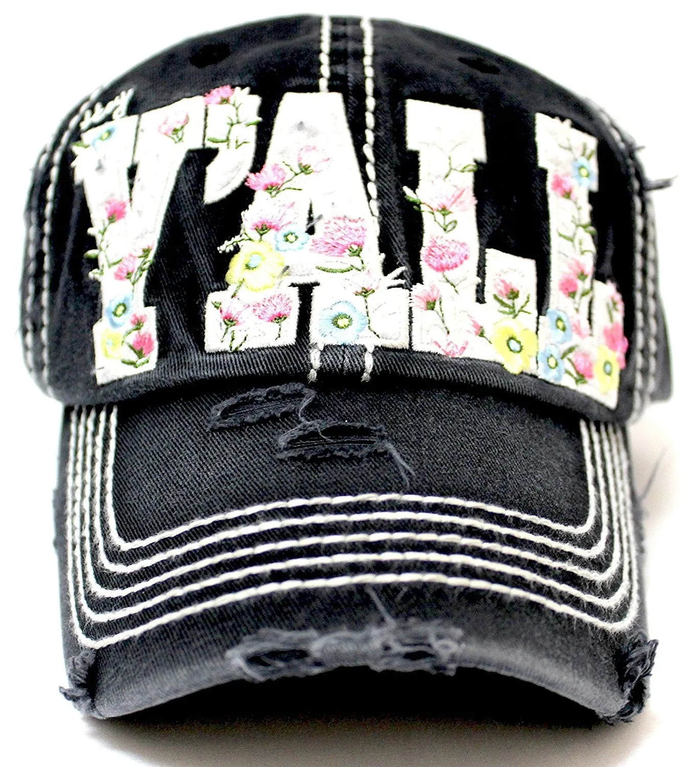 NEW! BLACK Floral "Y'all" Distressed, Adjustable Vintage Cap