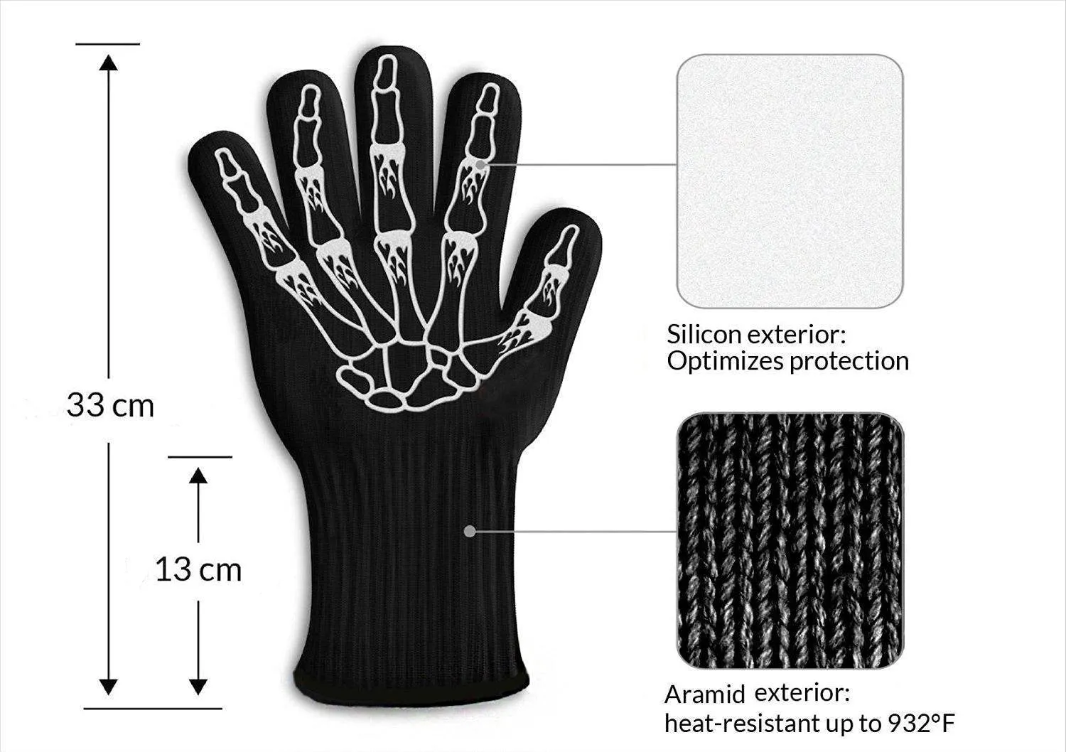 STEMAJ Heat Resistant Gloves 932F - BBQ Gloves - Grilling Gloves - Fire Resistant Gloves - Cut Resistant - for Cooking, BBQ, Oven, Fireplace - 5&quot; Cuff for Extra Forearm Protection (Skeleton)