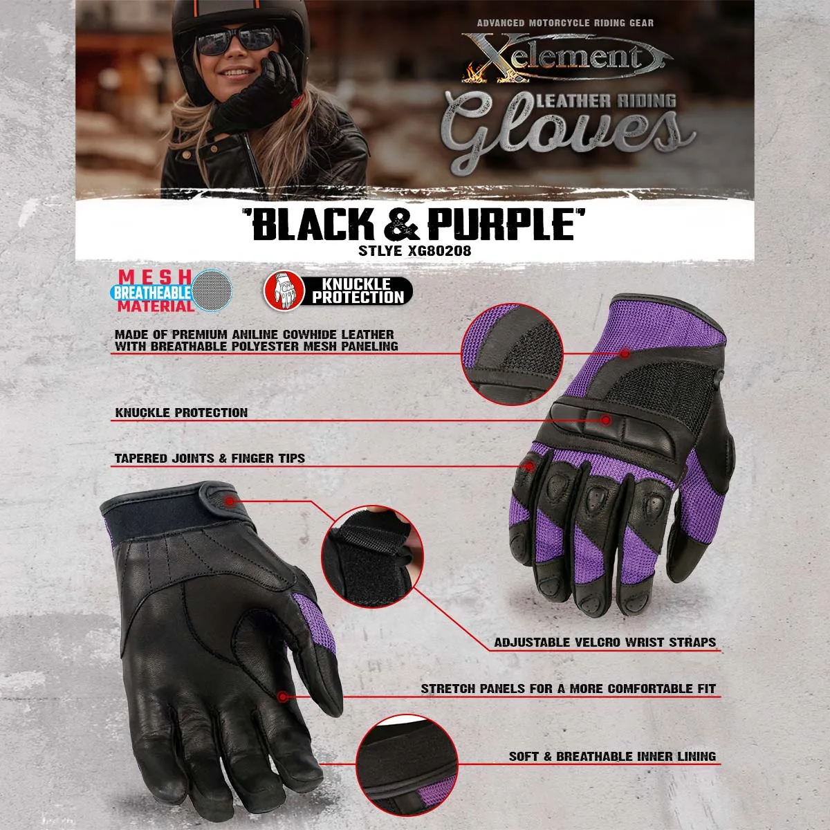 Xelement XG80208 Women's Black and Purple Mesh Cool Rider Motorcycle